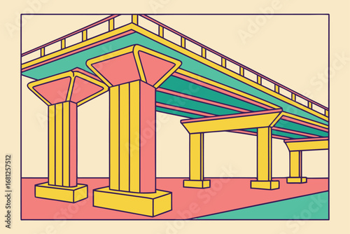 Stylized illustration of a modern overpass or bridge structure with colorful supports architecture