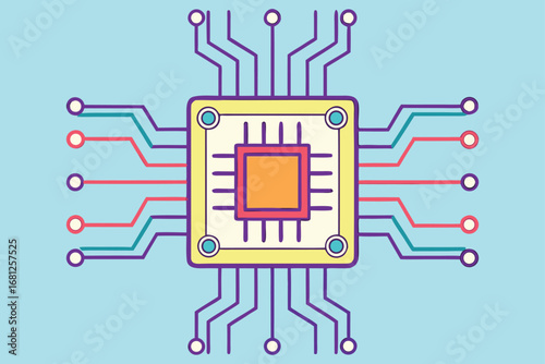 Stylized illustration of a computer microchip with radiating connections computer chip processor