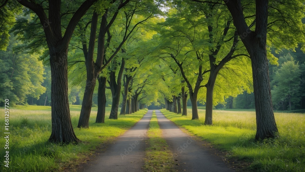 Fototapeta premium A trail bordered by lush greenery and trees