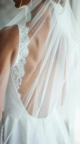 Elegant bride in a lace wedding dress with a flowing veil, showcasing intricate details and serene beauty. vertical video