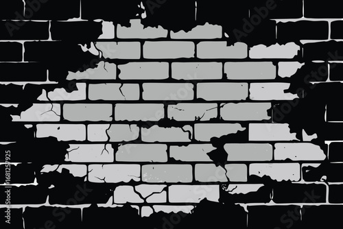 Distressed Brick Wall Gray Bricks Surrounded by Black Cracks and Damage Illustration Background