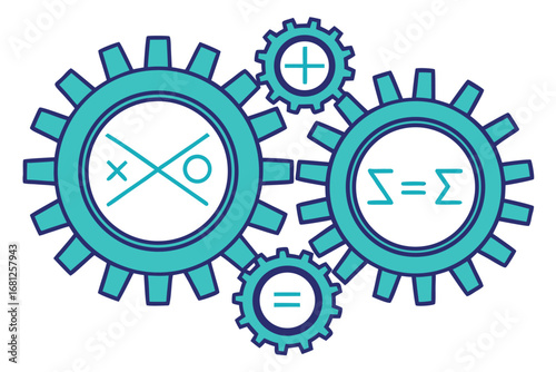 Teal gears with mathematical and logical symbols on white background cogwheels mathematics