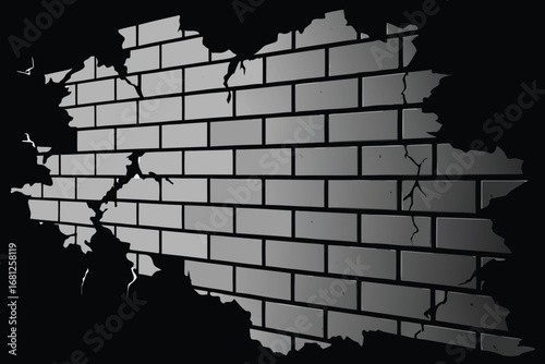 Distressed Brick Wall with Dark Edges Showing Degradation and Decay on a Black Background
