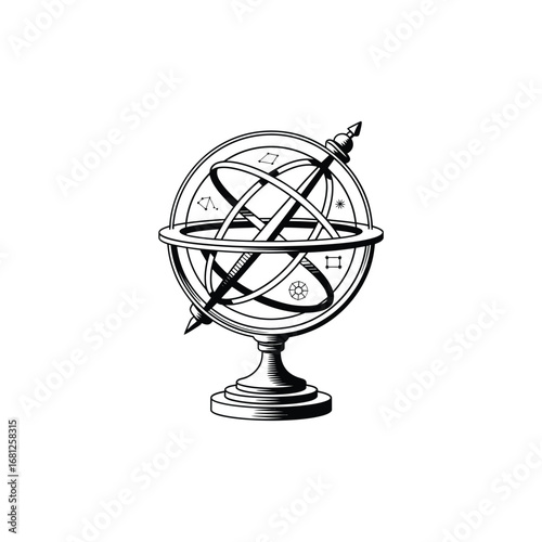 Vintage illustration of an astronomical armillary sphere on a pedestal in black and white