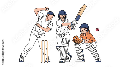 Cricket Match Action: A dynamic illustration showcases the thrilling moments of a cricket match, featuring a bowler, batsman, and wicketkeeper in action. Capturing the essence of sportsmanship.