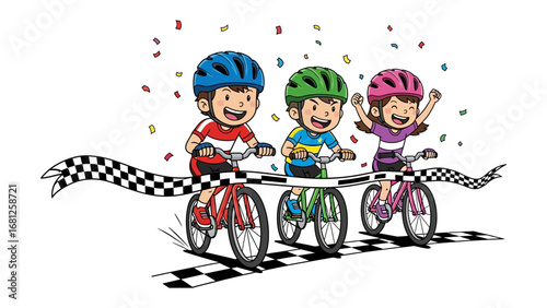 Triumphant Youth Cycling Finish: Three young cyclists, filled with elation, triumphantly cross the finish line. They are bursting with joy, symbolizing dedication. confetti shower.