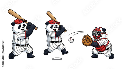 Panda Baseball Team: A charming and dynamic cartoon illustrating panda characters engaged in a lively game of baseball, with action sequence showcasing the energy and excitement of the sport.
