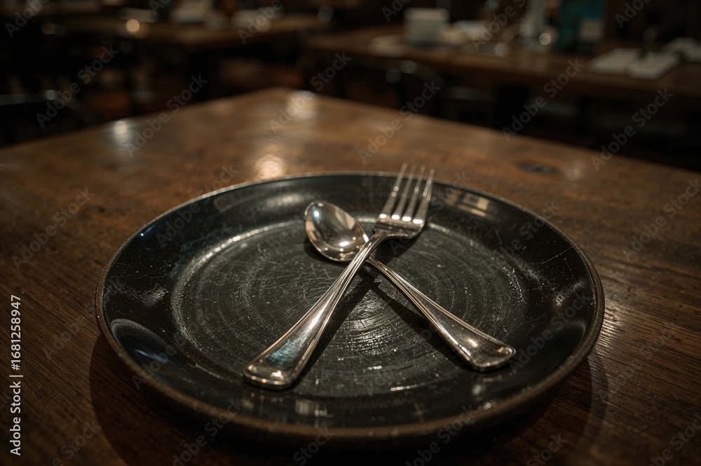Obraz premium Metal fork and spoon resting on a glossy dark dish with reflections, culinary setting, dining table, vintage style, kitchenware
