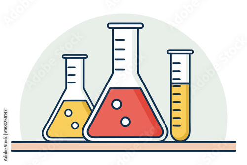 Three laboratory flasks with colored liquids and bubbles on a shelf science beaker