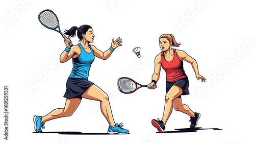  Badminton Match: Two women engage in a dynamic badminton match, showcasing athleticism and competitive spirit as they volley the shuttlecock back and forth. A scene of action and skill. 