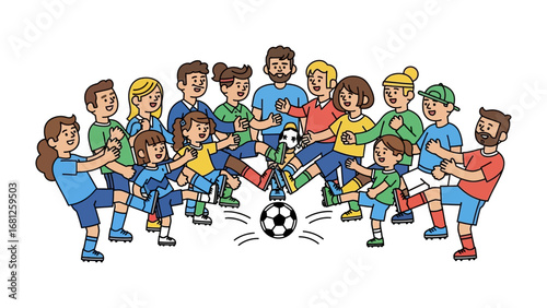 Joyful Soccer Kicks: A lively group of people enthusiastically kicking a soccer ball, capturing the energy and unity of a friendly game.