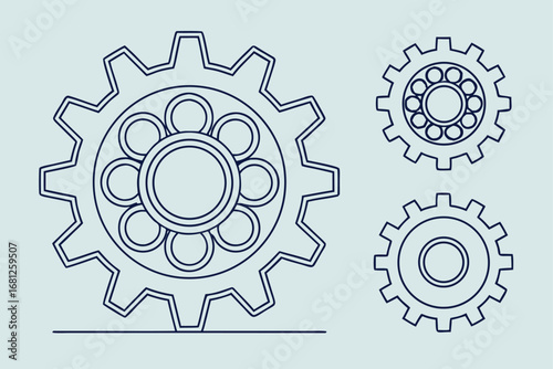 Three Outline Gears With Ball Bearings On Light Blue Background cogwheel mechanical