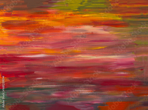 Abstraction with acrylic paints in red yellow orange and green shades. Color texture. Hand drawn acryl painting. Brushstrokes, texture of acryl paints, paint strokes, impressionism, art.