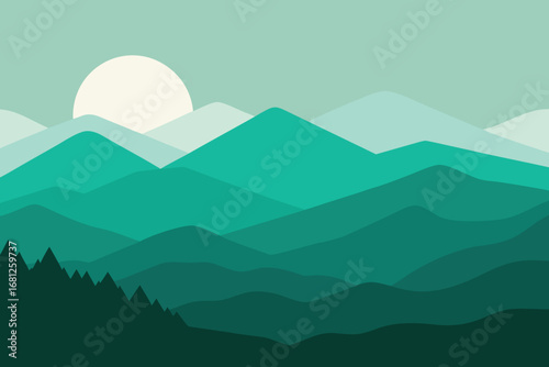 Minimalist Teal Mountain Range Landscape with Rising Sun, Forest Silhouette and Soft Green Sky
