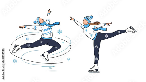 Grace on Ice: Two skaters gracefully execute dynamic moves amidst a winter wonderland, their elegance and precision captured in a moment of artistic expression. 