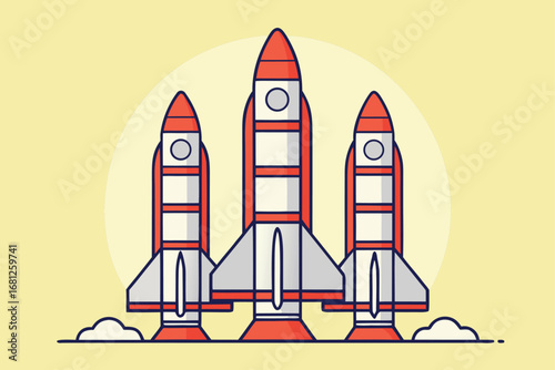 Three red and white rockets launching with clouds on yellow background spaceship space