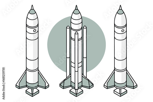 Three rockets in isometric view on a white background with grey circle spacecraft spaceship
