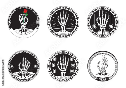 Skeleton hand emblem collection, gothic horror vector design