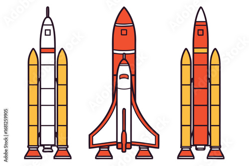 Three rockets with orange and yellow accents on white background space launch