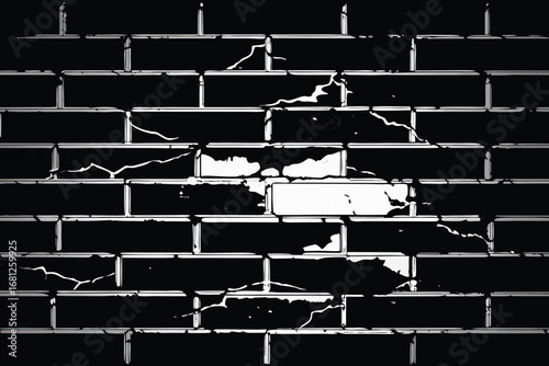 Monochrome Cartoon Brick Wall with Cracks and Damage Illustration Texture