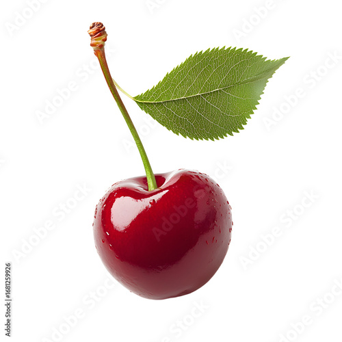 Vibrant Single Red Cherry with Leaf on White Background