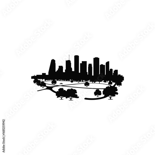 Black silhouette of a modern city skyline with trees and parkland in the foreground