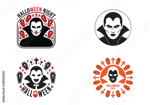 Set of Spooky Vampire Halloween Badges with Coffins and Crosses
