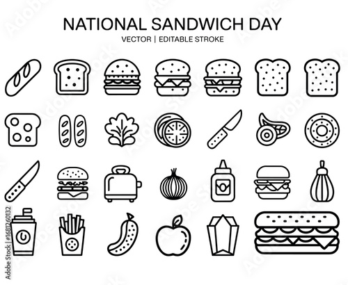 A Comprehensive Collection of Sandwich Ingredients and Accessories Illustrated for National Sandwich Day Celebrations and Events.