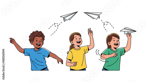 Playful paper airplanes: A moment of pure joy captured as children playfully launch paper airplanes into the air. A lively depiction of fun and childhood.