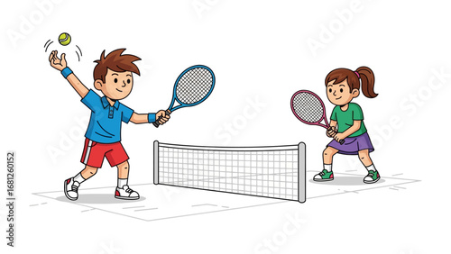 Tennis Match for Two: A spirited young boy and girl engage in a dynamic tennis match, their rackets poised, the ball suspended in mid-air, embodying the energy and thrill of a friendly competition.