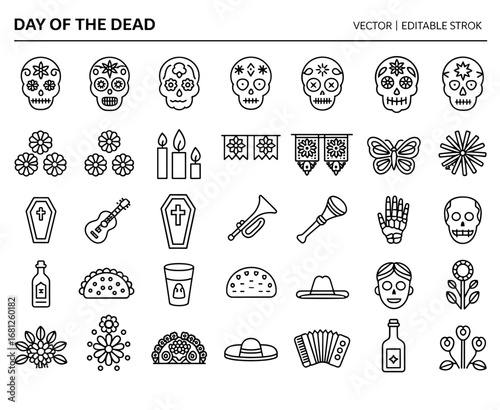 A Collection of Traditional Day of the Dead Icons Featuring Skulls, Candles, Flowers, and Festive Decorations Celebrating Life and Remembrance