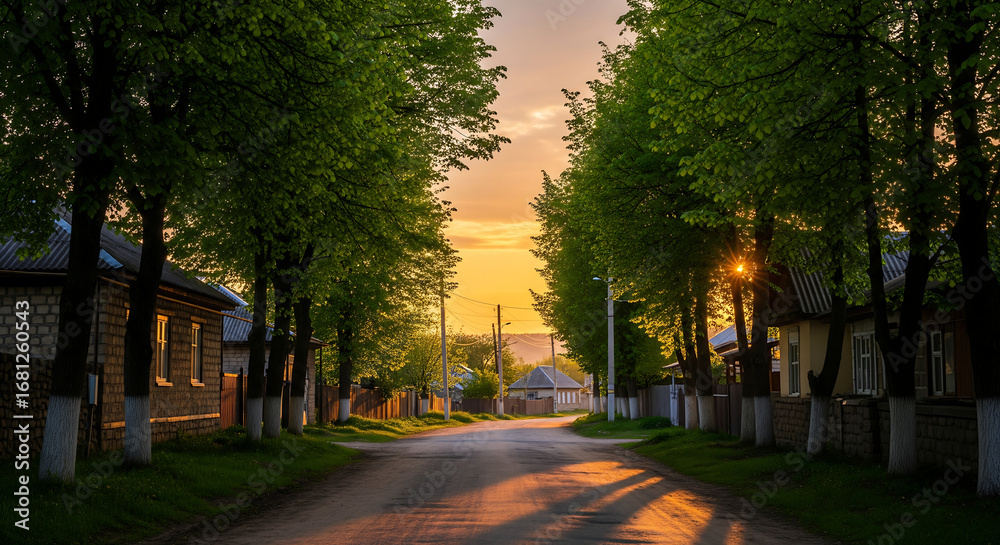 Fototapeta premium A small dirt road in a rural village illuminated by the orange glow of sunset