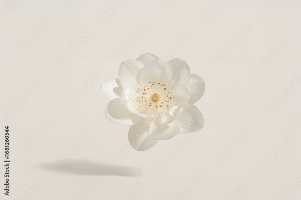 Fototapeta premium Cream-colored backdrop with a blooming spring flower floating