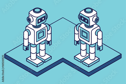 Two isometric robots in blue and white on a light blue background android artificial intelligence