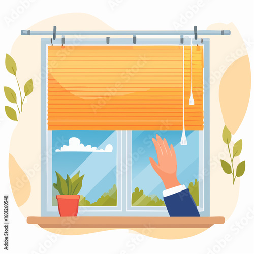 Hand Reaching Toward Orange Blinds At Window With Plant