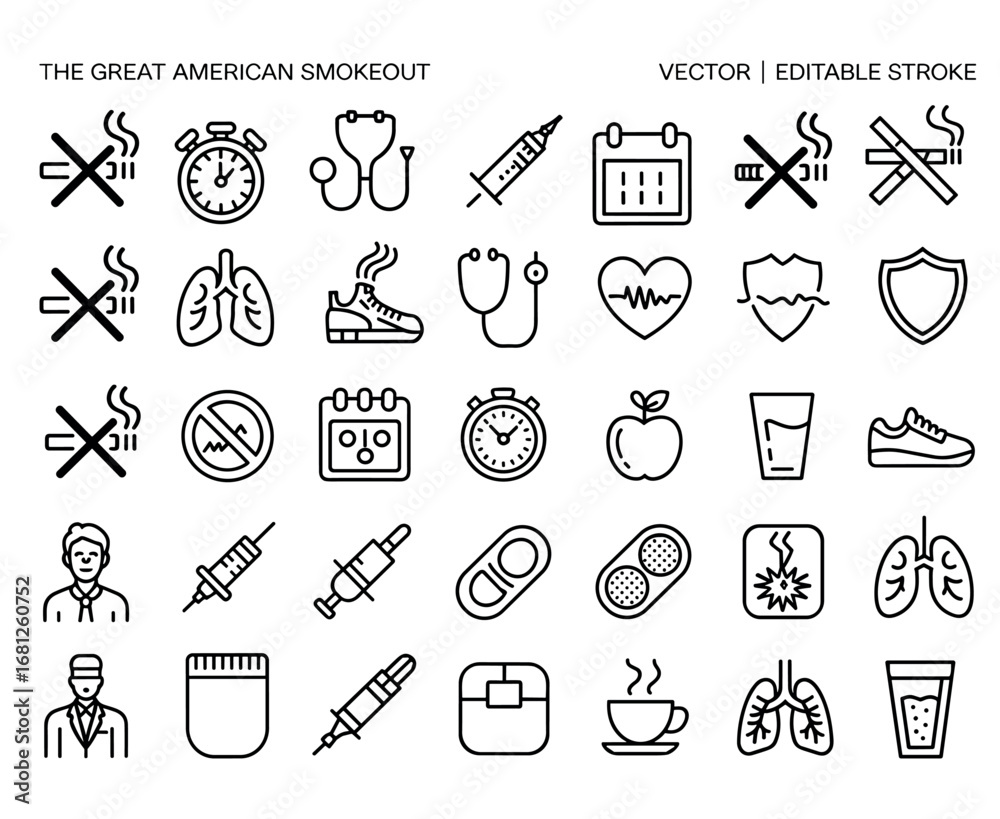 Naklejka premium A Comprehensive Visual Guide to the Great American Smokeout: Icons Promoting Health, Wellness, and Tobacco Awareness with Key Messages for a Smoke-Free Life