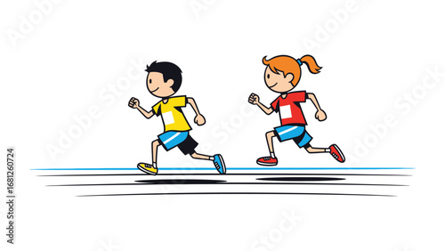 Race of Determination: A spirited boy and girl sprint forward with focused determination, representing the spirit of competition, fitness, and striving for personal bests.