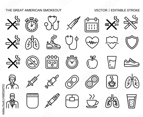 A Comprehensive Visual Guide to the Great American Smokeout: Icons Promoting Health, Wellness, and Tobacco Awareness with Key Messages for a Smoke-Free Life
