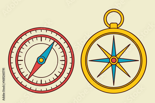 Two Stylized Compasses One Closed and One Open with Rose Wind on Light Yellow Background navigation
