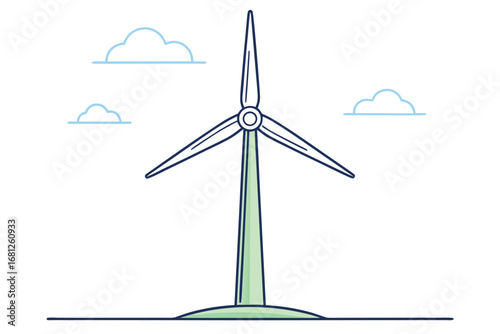 Wind turbine on a hill with two stylized clouds in a simple drawing renewable energy green energy