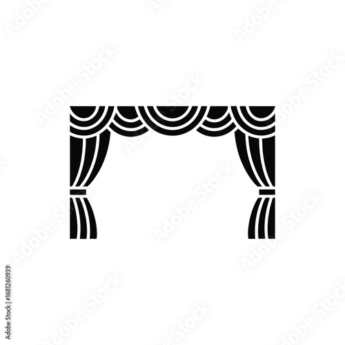 Elegant black silhouette of a theater stage curtain with decorative swag and tiebacks