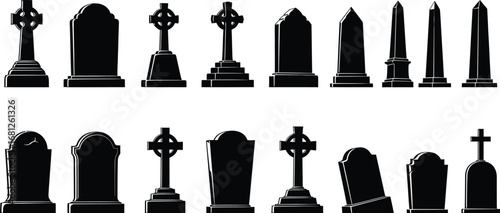 Cemetery gravestone silhouette vector set of tombstone designs