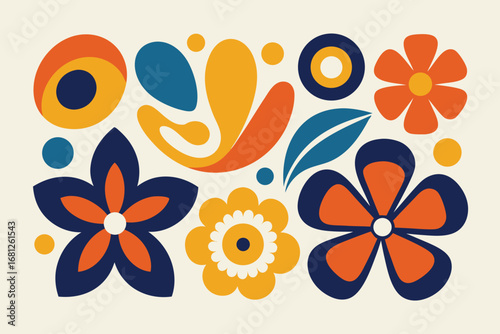 Retro Floral Pattern with Blue, Orange and Yellow Shapes on OffWhite Background