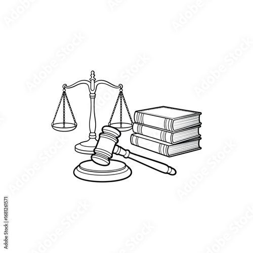 Legal concept illustration with scales of justice gavel and law books in black and white sketch style