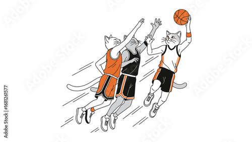 Feline Athletes in Action: Dynamic illustration of anthropomorphic cats engaged in a basketball game, showcasing agility, teamwork and competitive spirit.