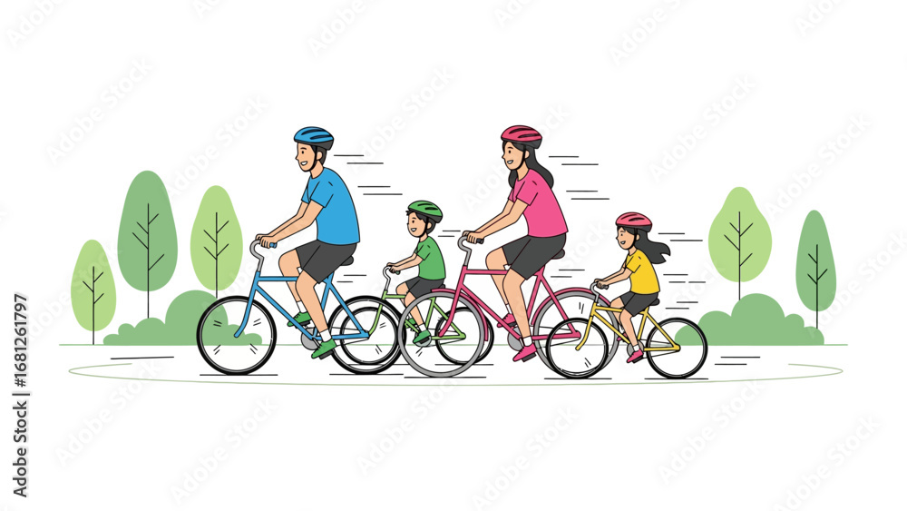 Obraz premium Family Bike Ride: A family rides bikes in a park, enjoying quality time and outdoor activity. Capturing the joy of togetherness and a healthy lifestyle.
