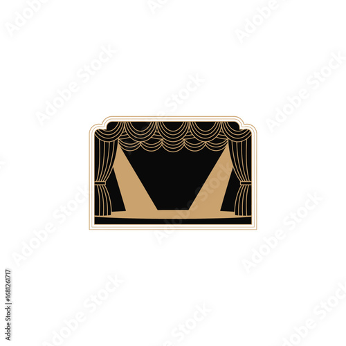 Elegant black stage curtains with golden spotlights illuminating the performance space