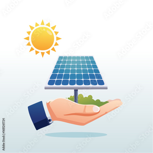 Hand Protecting Solar Panel Under Sunny Sky