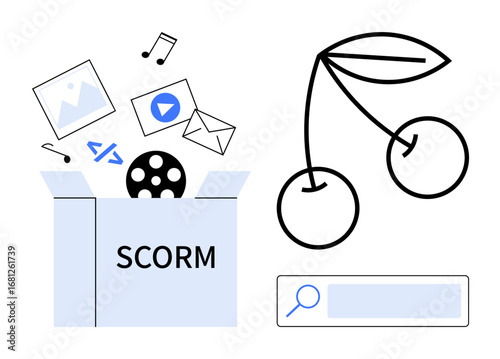 SCORM box with multimedia icons, cherries symbolizing minimalism, and a search bar. Ideal for e-learning, education, LMS platforms, digital content management, knowledge sharing, online training