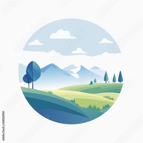 Pastel Mountain Landscape In Circle Illustration